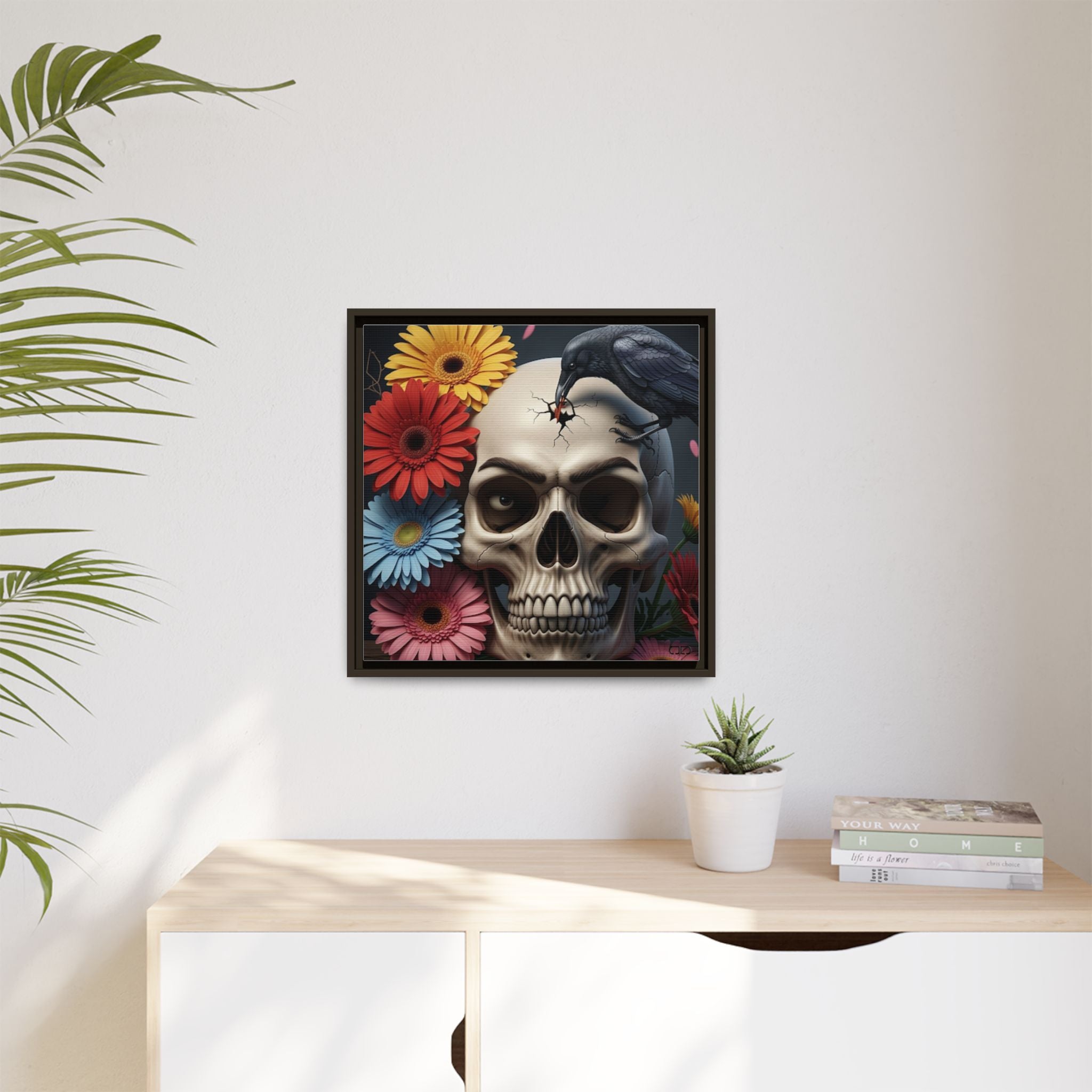 Headache - Framed Skull & Flower Canvas Art Print, Gothic Home Decor, Unique Wall Art, Boho Aesthetic, Perfect for Halloween, Birthday Gifts