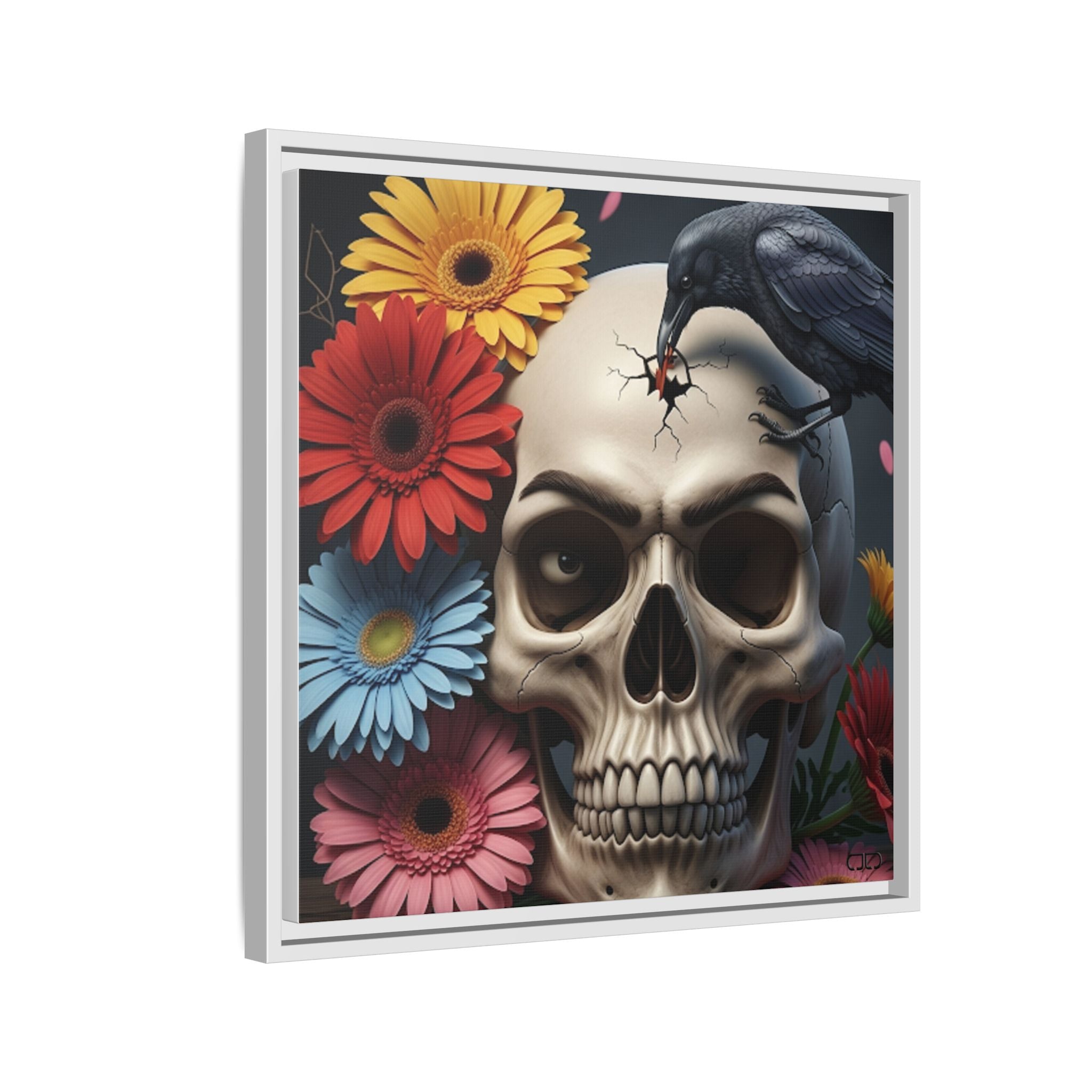 Headache - Framed Skull & Flower Canvas Art Print, Gothic Home Decor, Unique Wall Art, Boho Aesthetic, Perfect for Halloween, Birthday Gifts