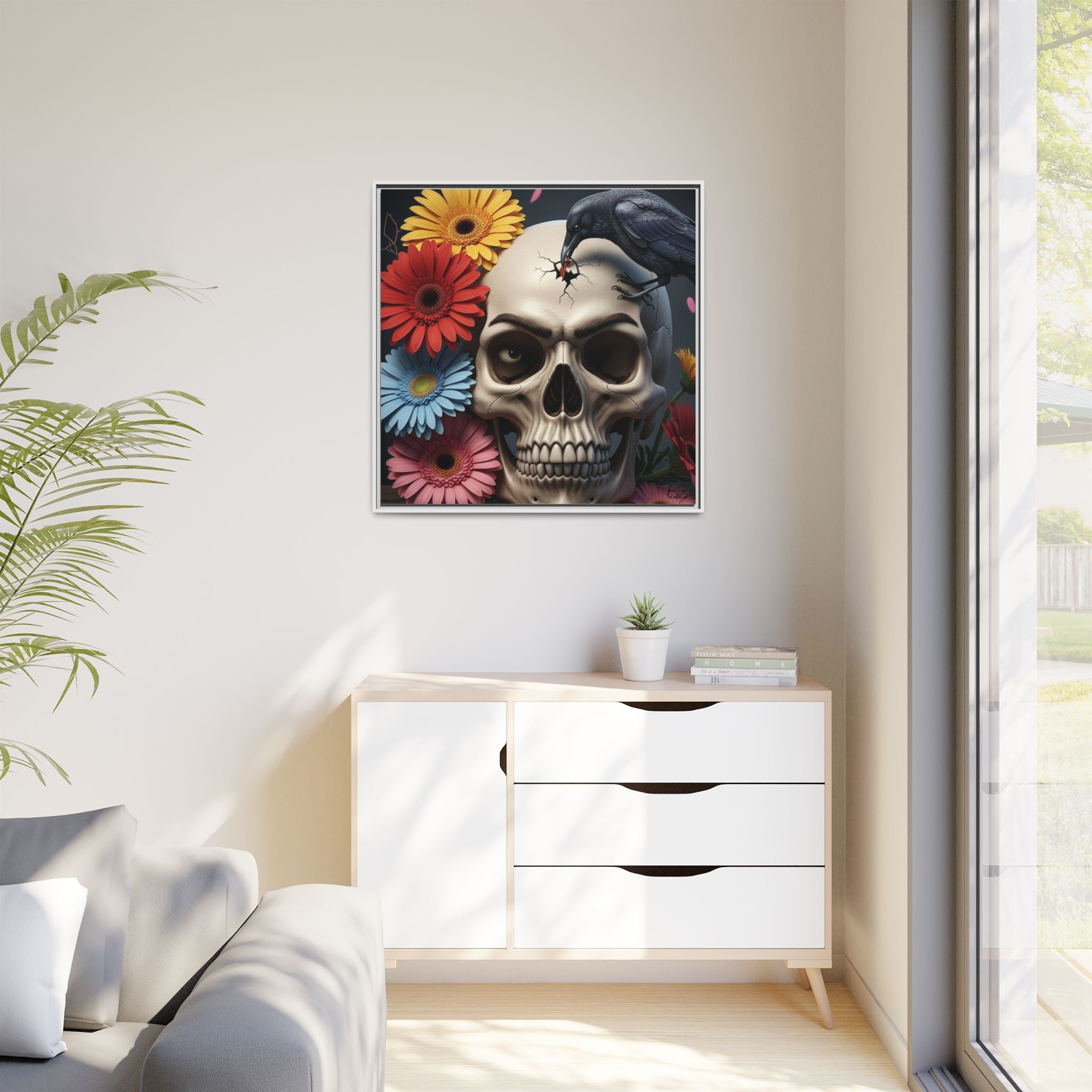 Headache - Framed Skull & Flower Canvas Art Print, Gothic Home Decor, Unique Wall Art, Boho Aesthetic, Perfect for Halloween, Birthday Gifts