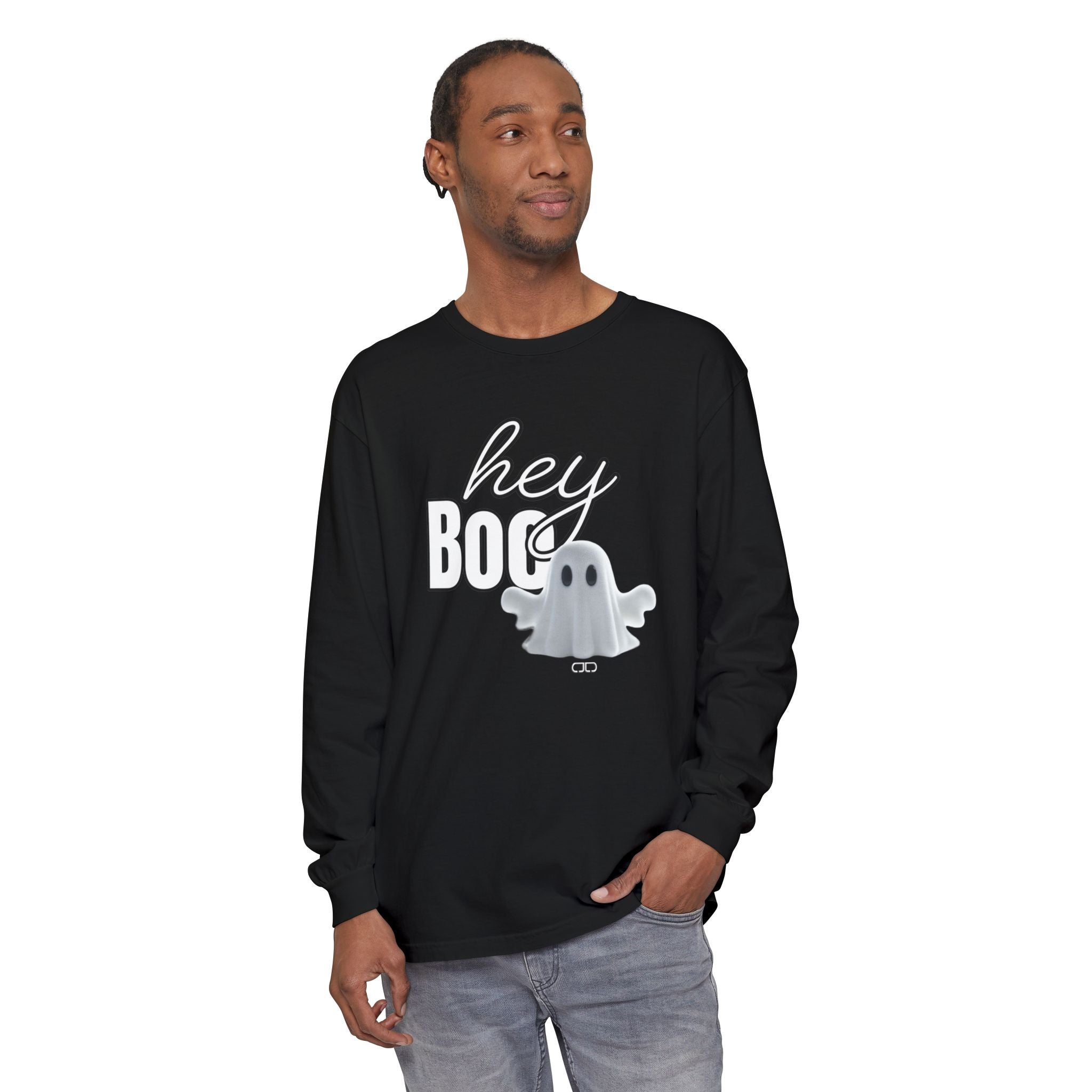 Hey Boo Halloween Ghost Long Sleeve T-Shirt - Perfect for Fall, Spooky Season, Cute Ghost Tee, Unisex Halloween Apparel, 'Hey Boo' Shirt