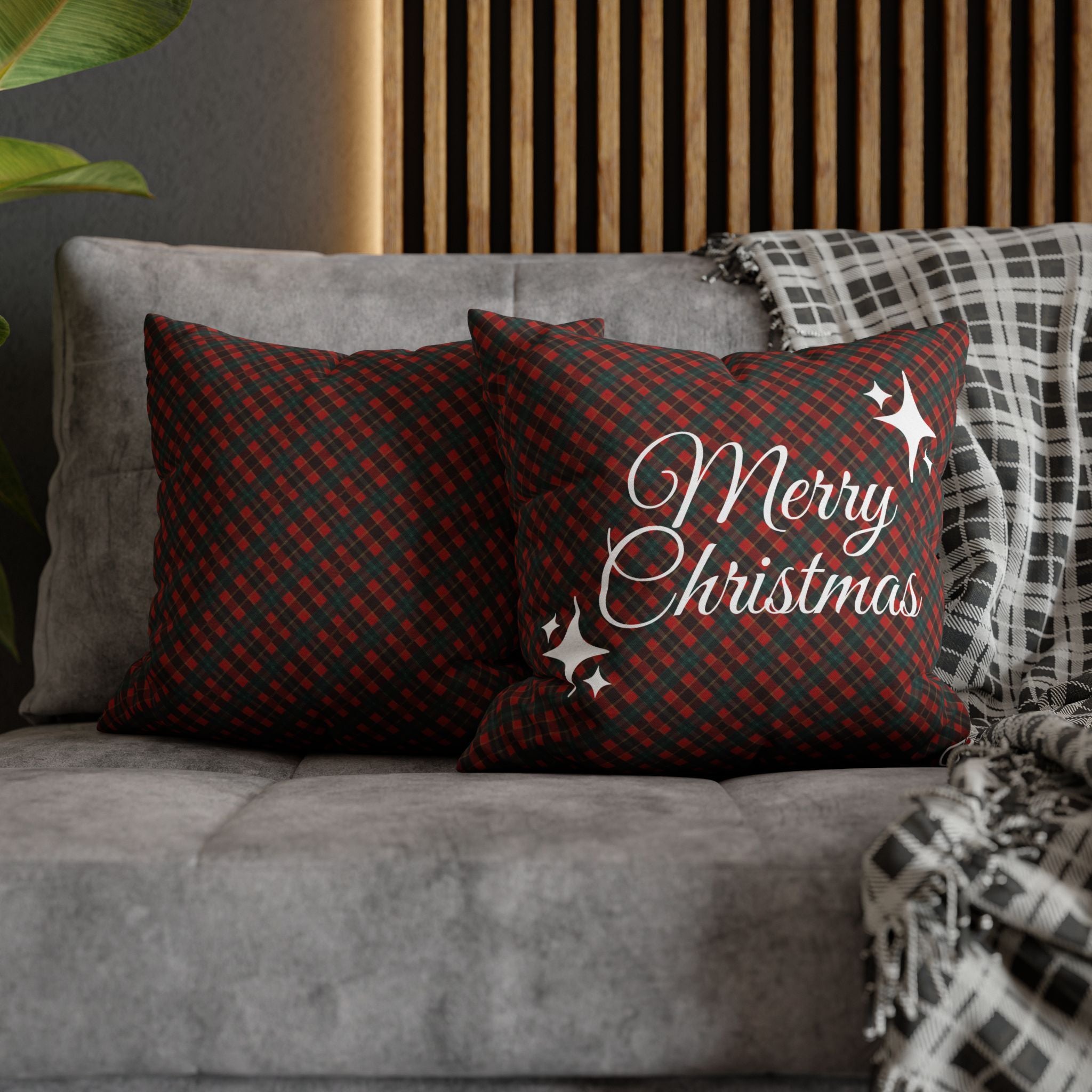 Merry Christmas Plaid Pillowcase - Red & Green Holiday Throw Pillow Cover