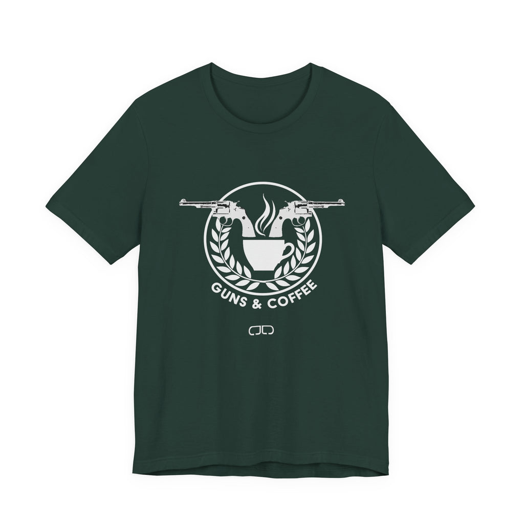 Guns & Coffee Graphic Tee — Rustic Coffee Lover & Firearm Enthusiast Shirt