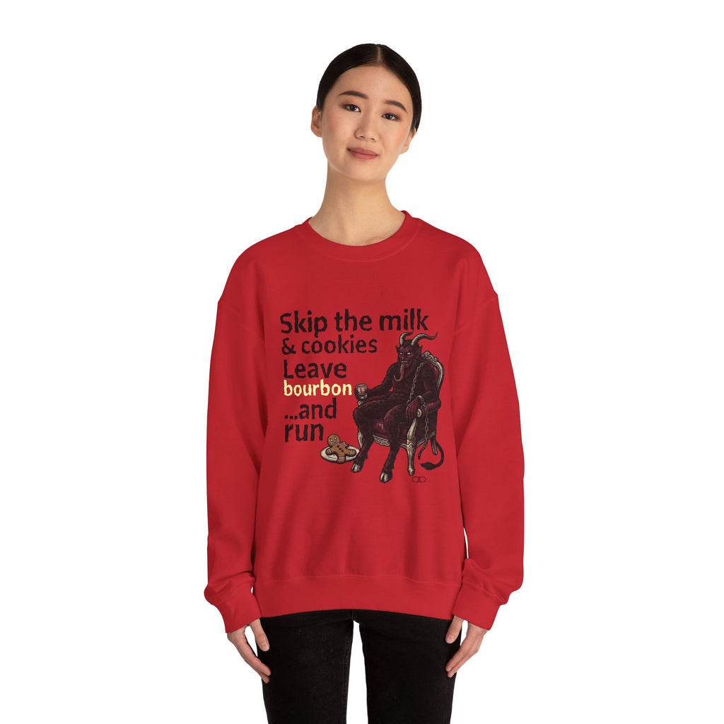Holiday Krampus Sweatshirt — “Skip the milk and cookies, leave bourbon and run.” Cozy Christmas Crewneck
