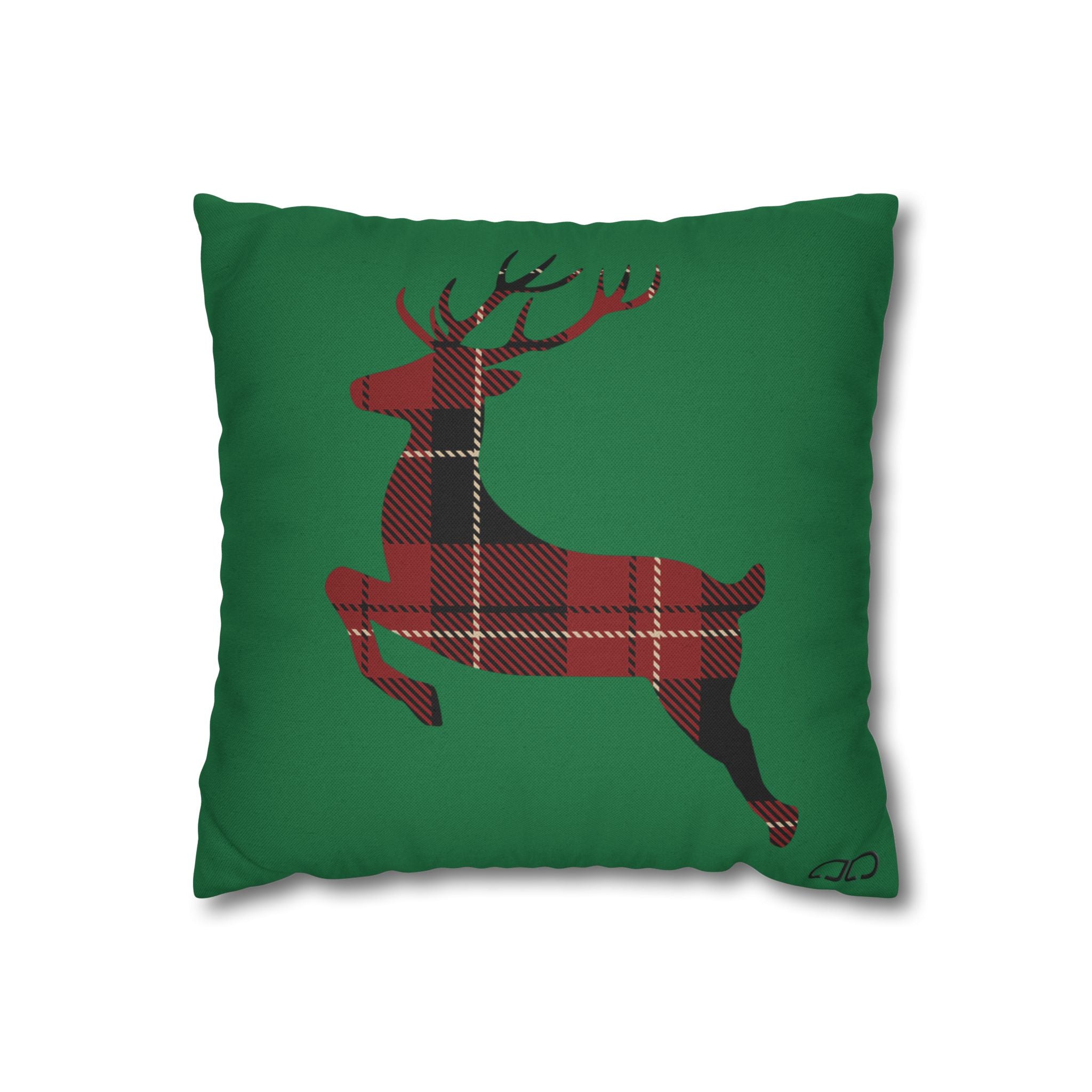 Plaid Reindeer Holiday Pillowcase — Green Christmas Throw Pillow Cover