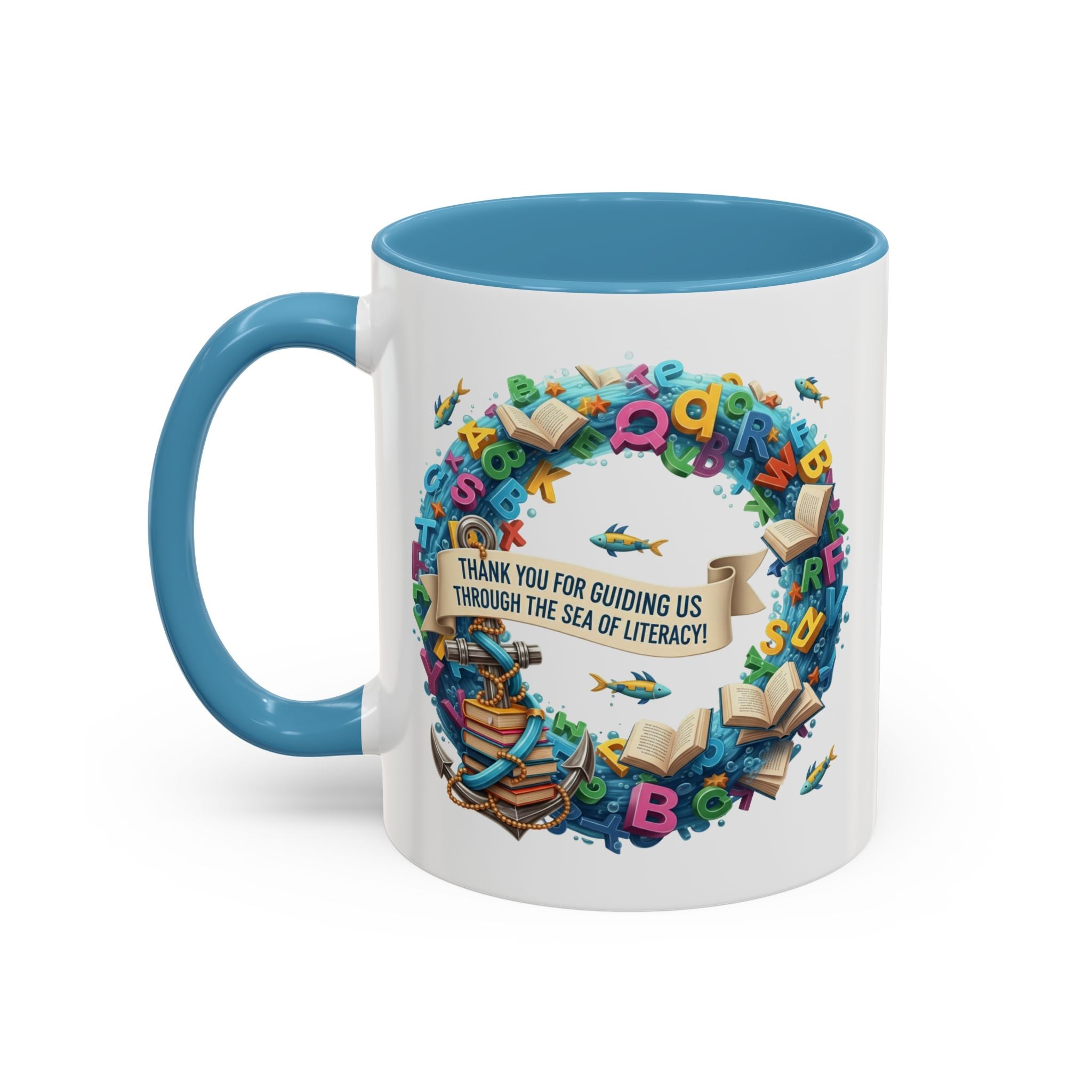 Sea of Literacy Colorful Book Lover's Accent Coffee Mug | Perfect for Home, Office, or Gift | Reading, Study, Library Decor, Teacher Appreciation