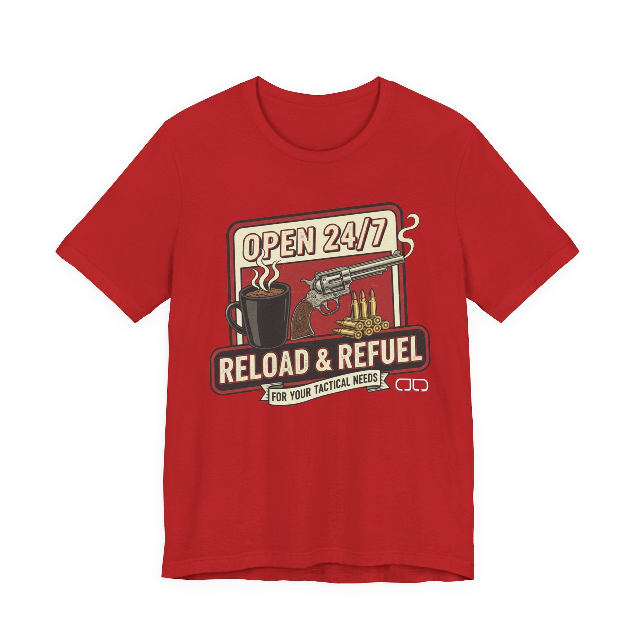 Reload & Refuel Tee — "Open 24/7" Coffee and Ammo Graphic T-Shirt