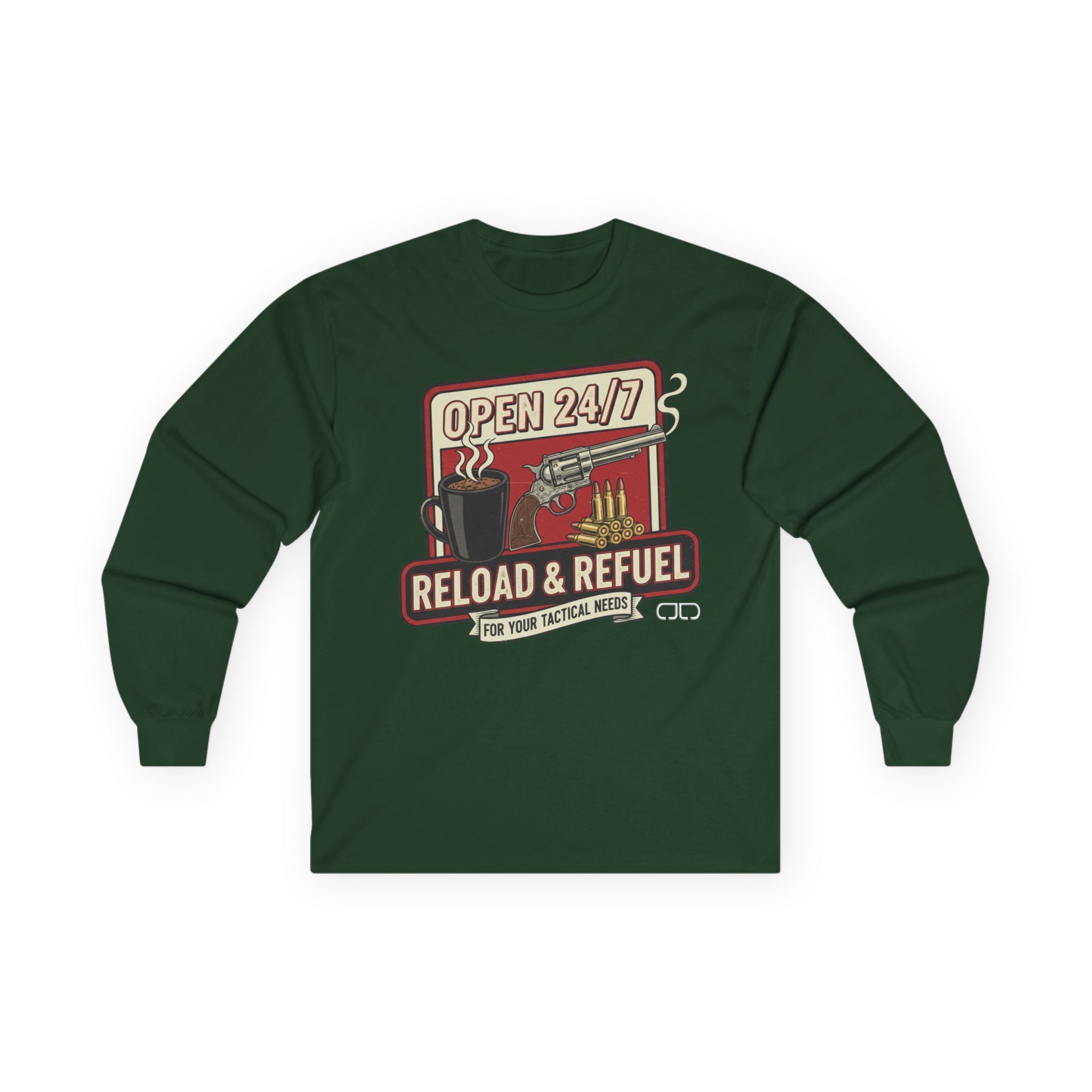Reload & Refuel Long Sleeve Tee — "Open 24/7" Coffee & Ammo Graphic