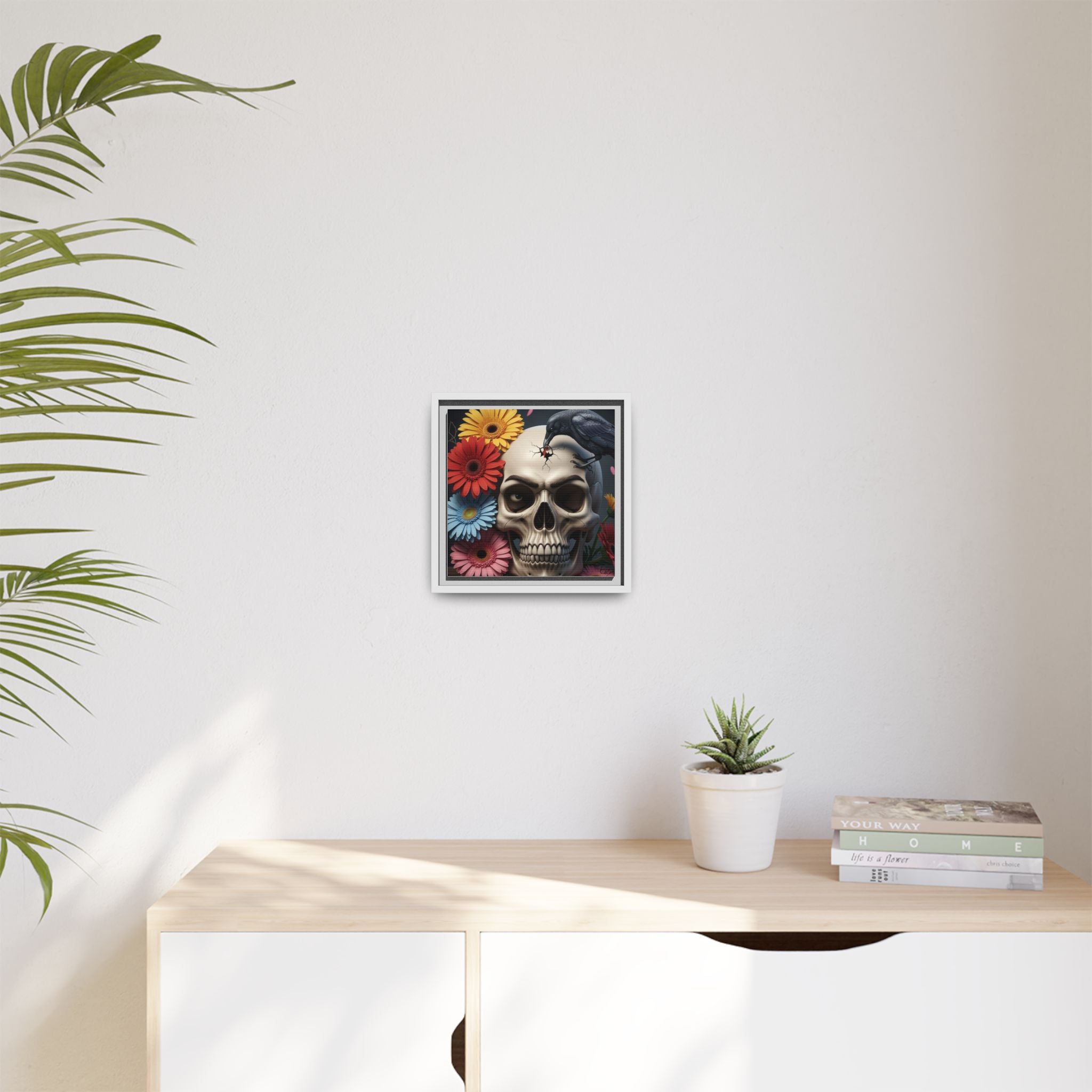 Headache - Framed Skull & Flower Canvas Art Print, Gothic Home Decor, Unique Wall Art, Boho Aesthetic, Perfect for Halloween, Birthday Gifts