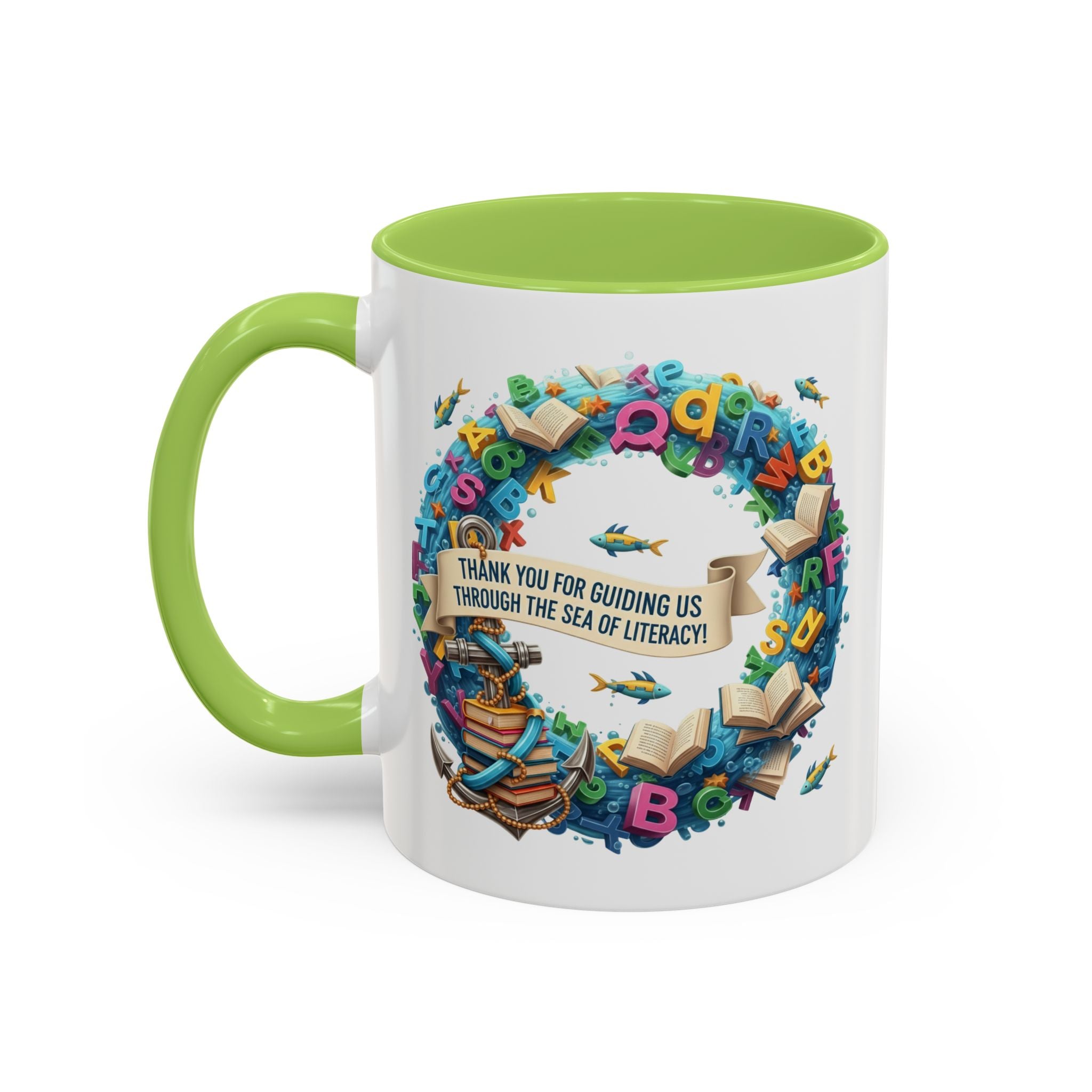 Sea of Literacy Colorful Book Lover's Accent Coffee Mug | Perfect for Home, Office, or Gift | Reading, Study, Library Decor, Teacher Appreciation
