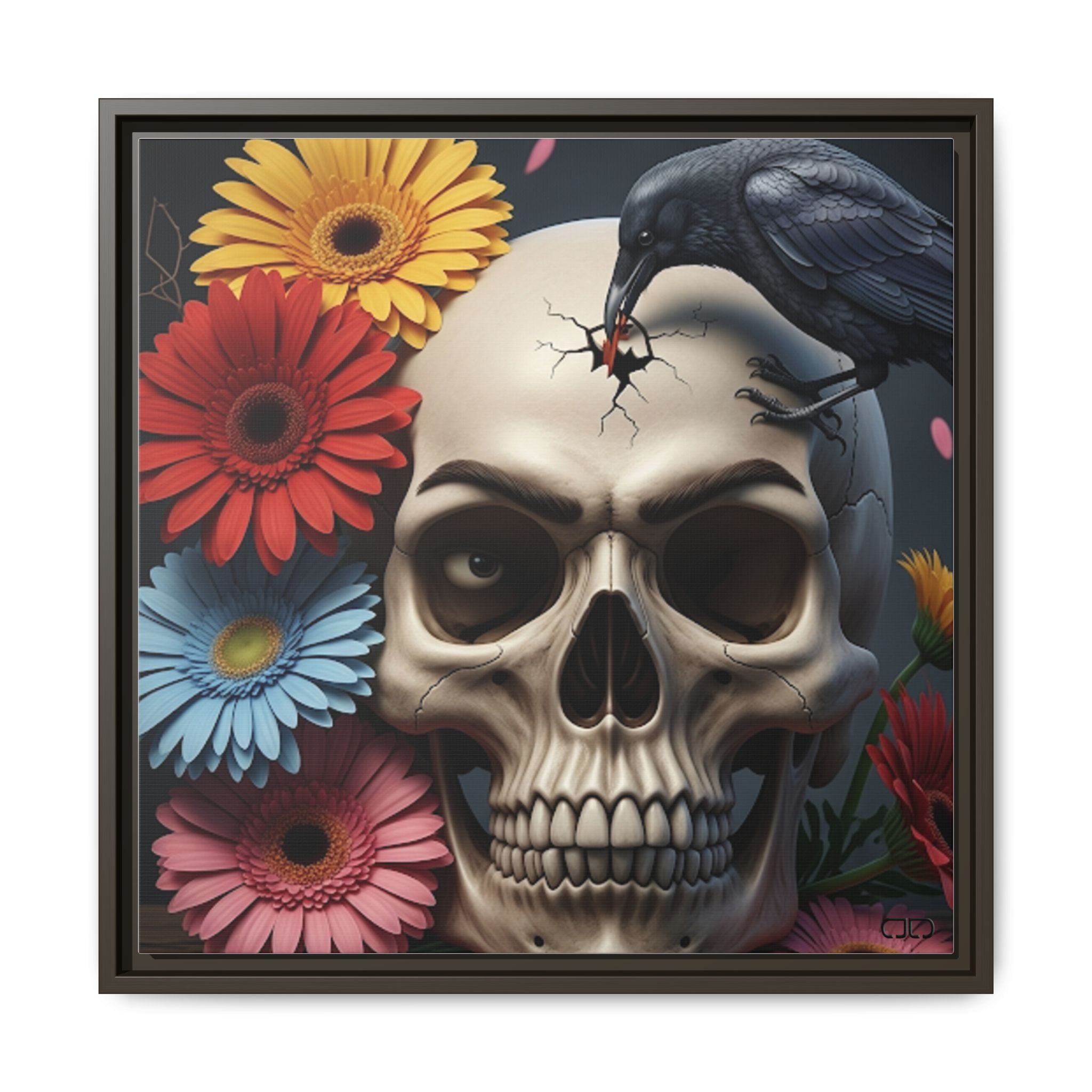 Headache - Framed Skull & Flower Canvas Art Print, Gothic Home Decor, Unique Wall Art, Boho Aesthetic, Perfect for Halloween, Birthday Gifts
