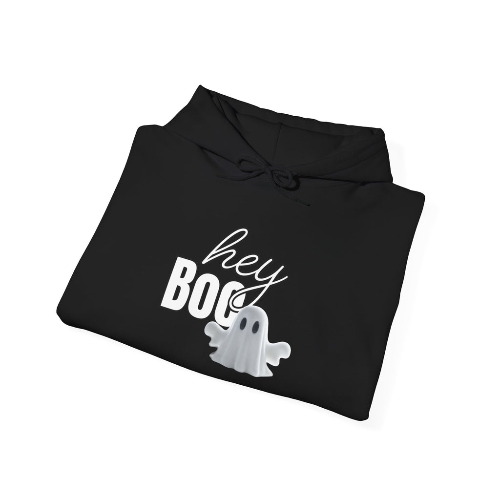 Hey Boo Halloween Ghost Pullover Hoodie - Hey Boo Sweatshirt, Spooky Season Apparel, Unisex Costume Top, Fall Fashion, Cozy Halloween Gift