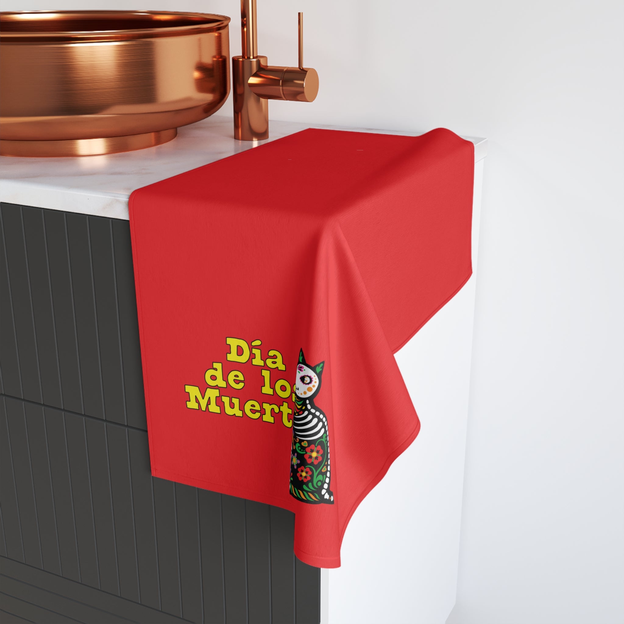 Dia de Los Muertos Hand Towel, Colorful Mexican Decor, Cat Design Kitchen Towel, Holiday Gift, Festive Home Accessory