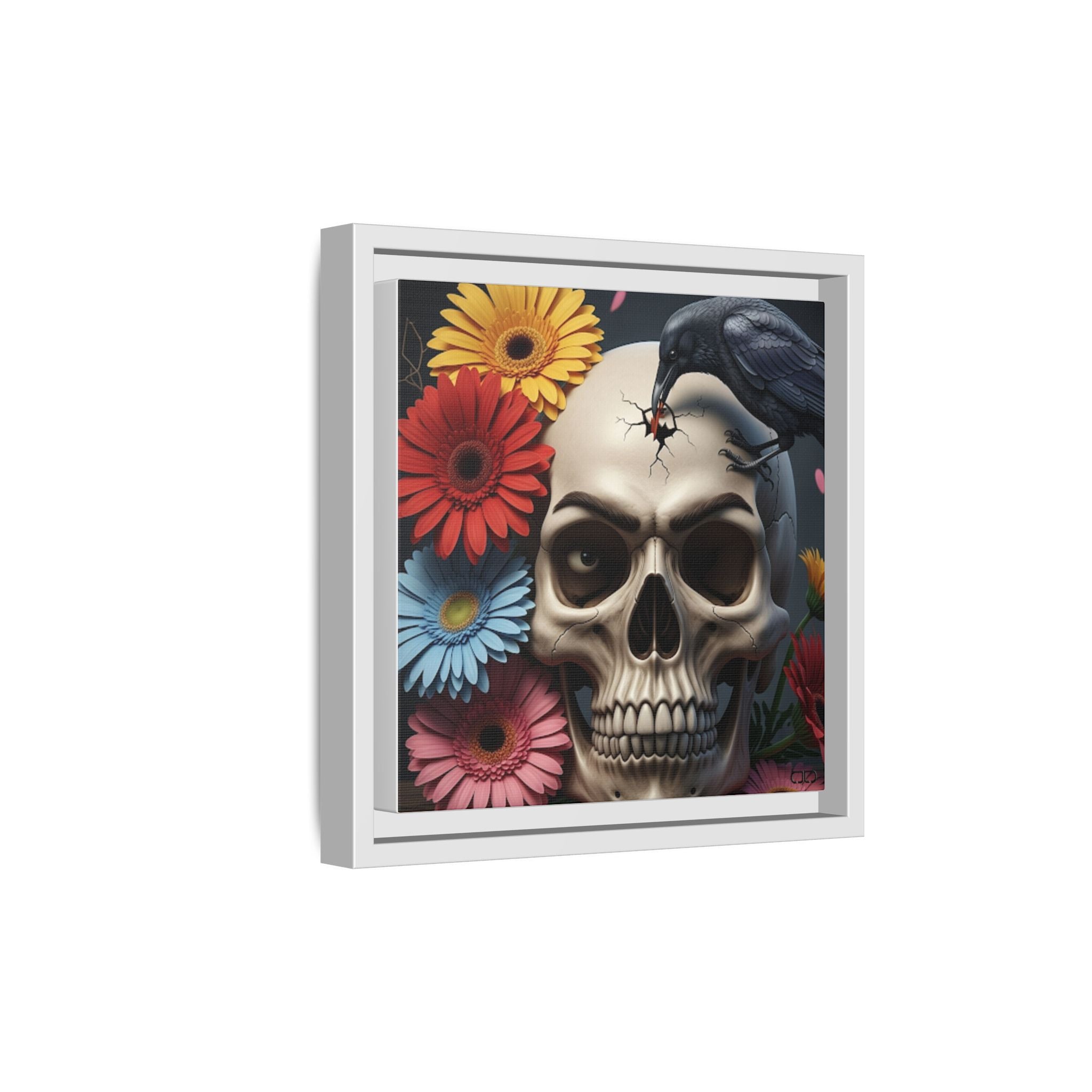 Headache - Framed Skull & Flower Canvas Art Print, Gothic Home Decor, Unique Wall Art, Boho Aesthetic, Perfect for Halloween, Birthday Gifts