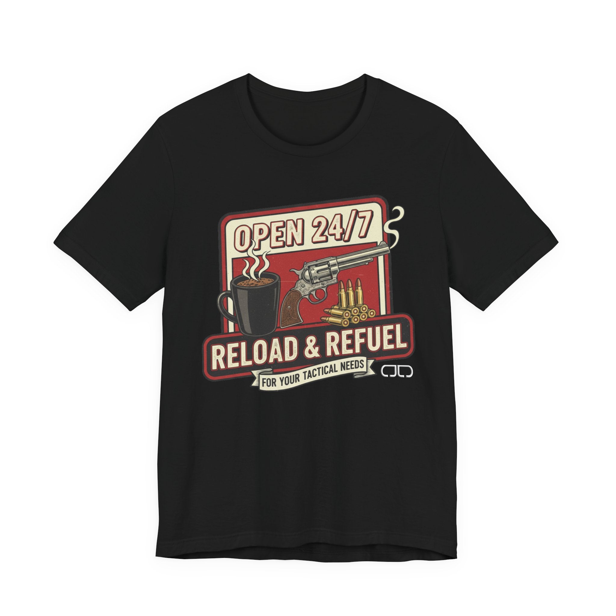 Reload & Refuel Tee — "Open 24/7" Coffee and Ammo Graphic T-Shirt