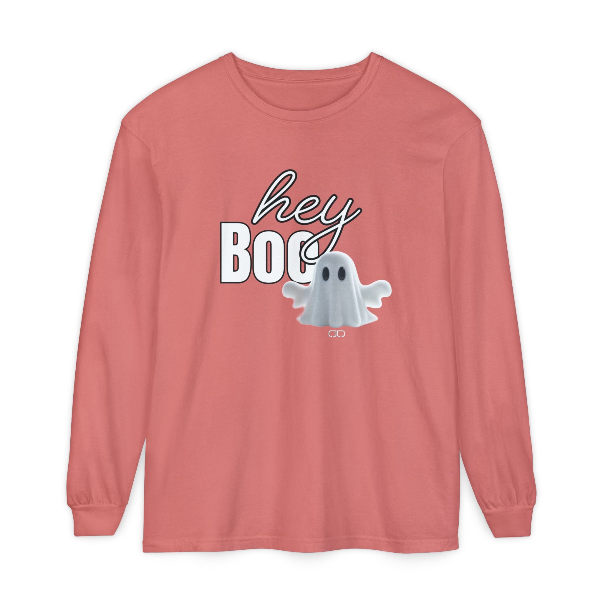 Hey Boo Halloween Ghost Long Sleeve T-Shirt - Perfect for Fall, Spooky Season, Cute Ghost Tee, Unisex Halloween Apparel, 'Hey Boo' Shirt