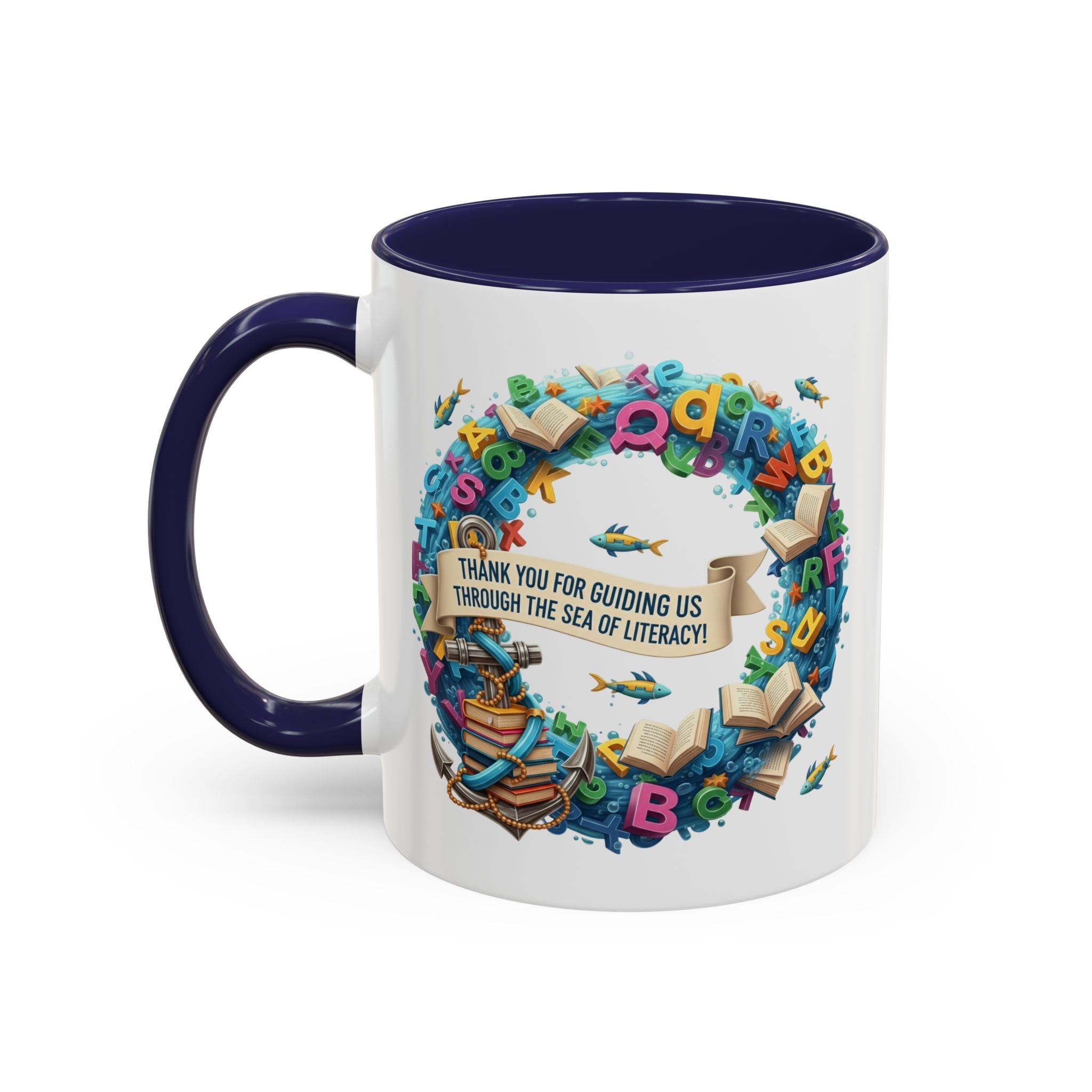 Sea of Literacy Colorful Book Lover's Accent Coffee Mug | Perfect for Home, Office, or Gift | Reading, Study, Library Decor, Teacher Appreciation