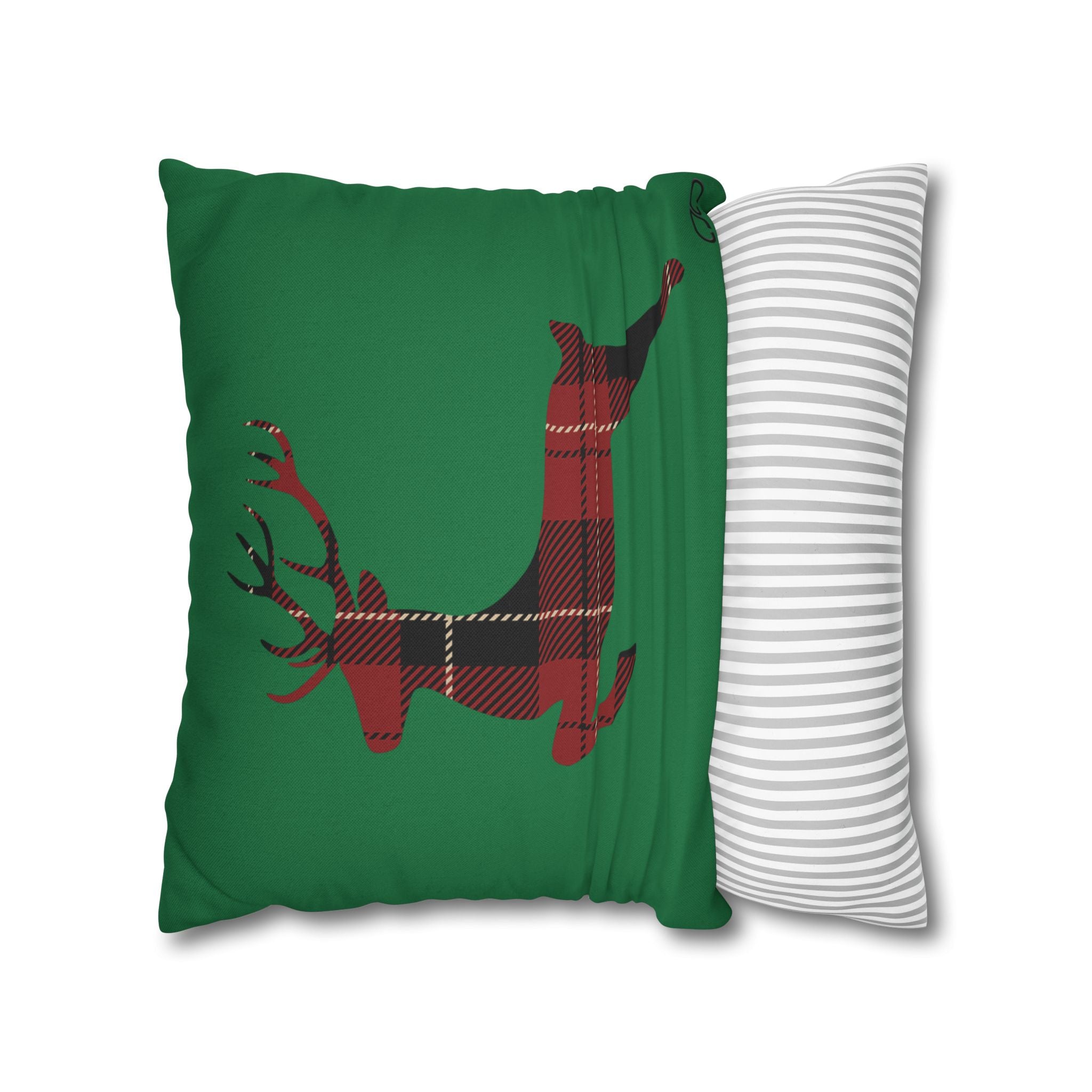 Plaid Reindeer Holiday Pillowcase — Green Christmas Throw Pillow Cover