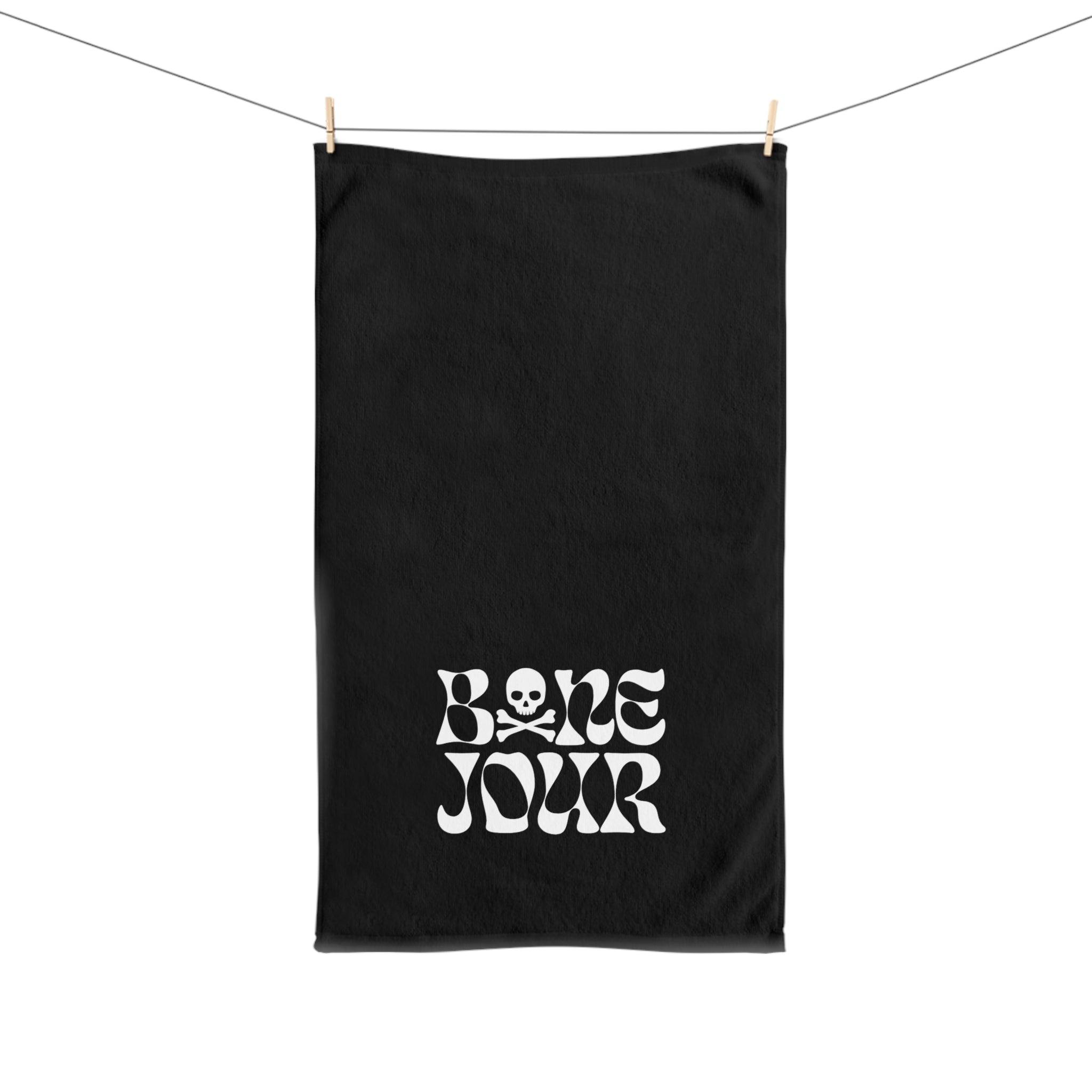 Gothic Hand Towel with 'Bone Jour' Text | Perfect for Halloween, Home Decor, or as a Unique Gift