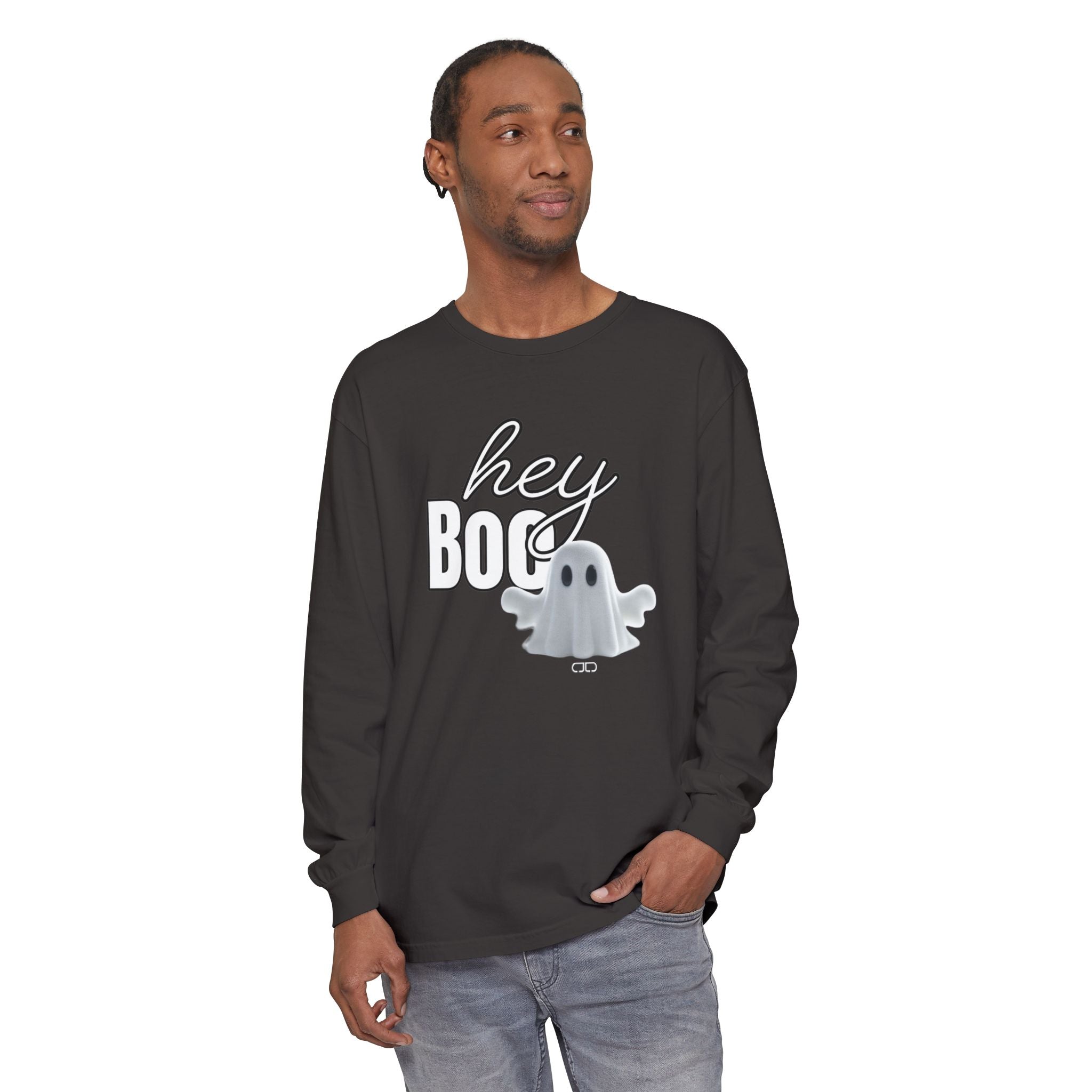 Hey Boo Halloween Ghost Long Sleeve T-Shirt - Perfect for Fall, Spooky Season, Cute Ghost Tee, Unisex Halloween Apparel, 'Hey Boo' Shirt