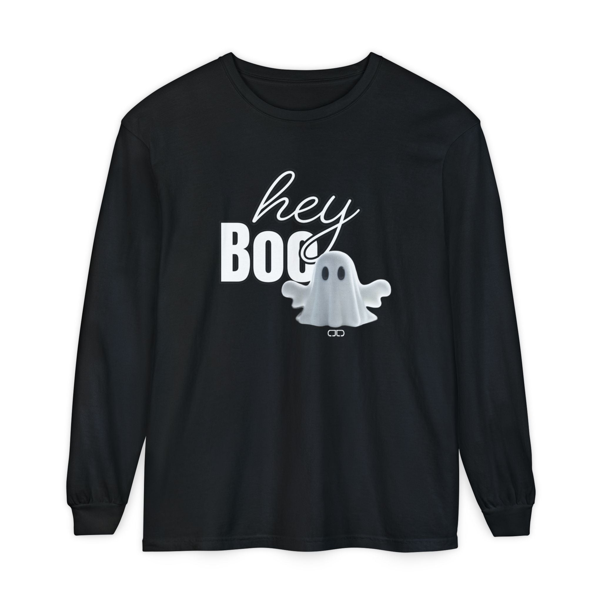 Hey Boo Halloween Ghost Long Sleeve T-Shirt - Perfect for Fall, Spooky Season, Cute Ghost Tee, Unisex Halloween Apparel, 'Hey Boo' Shirt