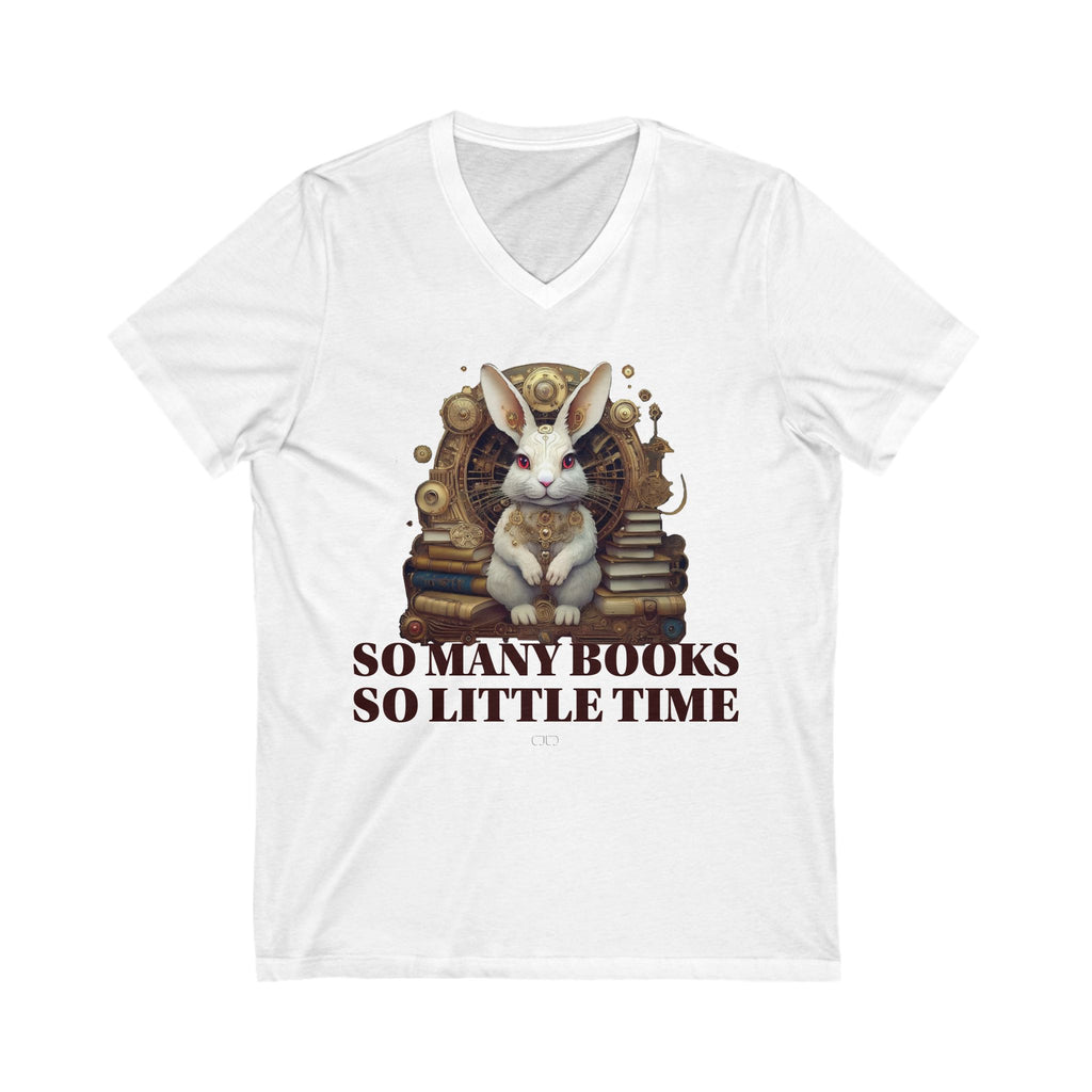 White Rabbit Steampunk Book V-Neck Tee – Perfect for Book Lovers, Readers, and Literature Fans, Cozy Casual Wear, Gift for Bookworms, Book Club Apparel