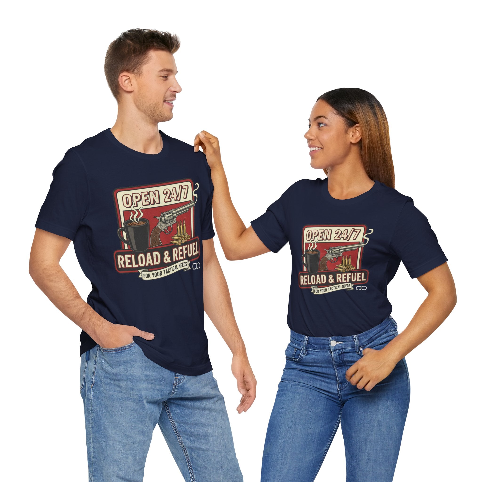 Reload & Refuel Tee — "Open 24/7" Coffee and Ammo Graphic T-Shirt