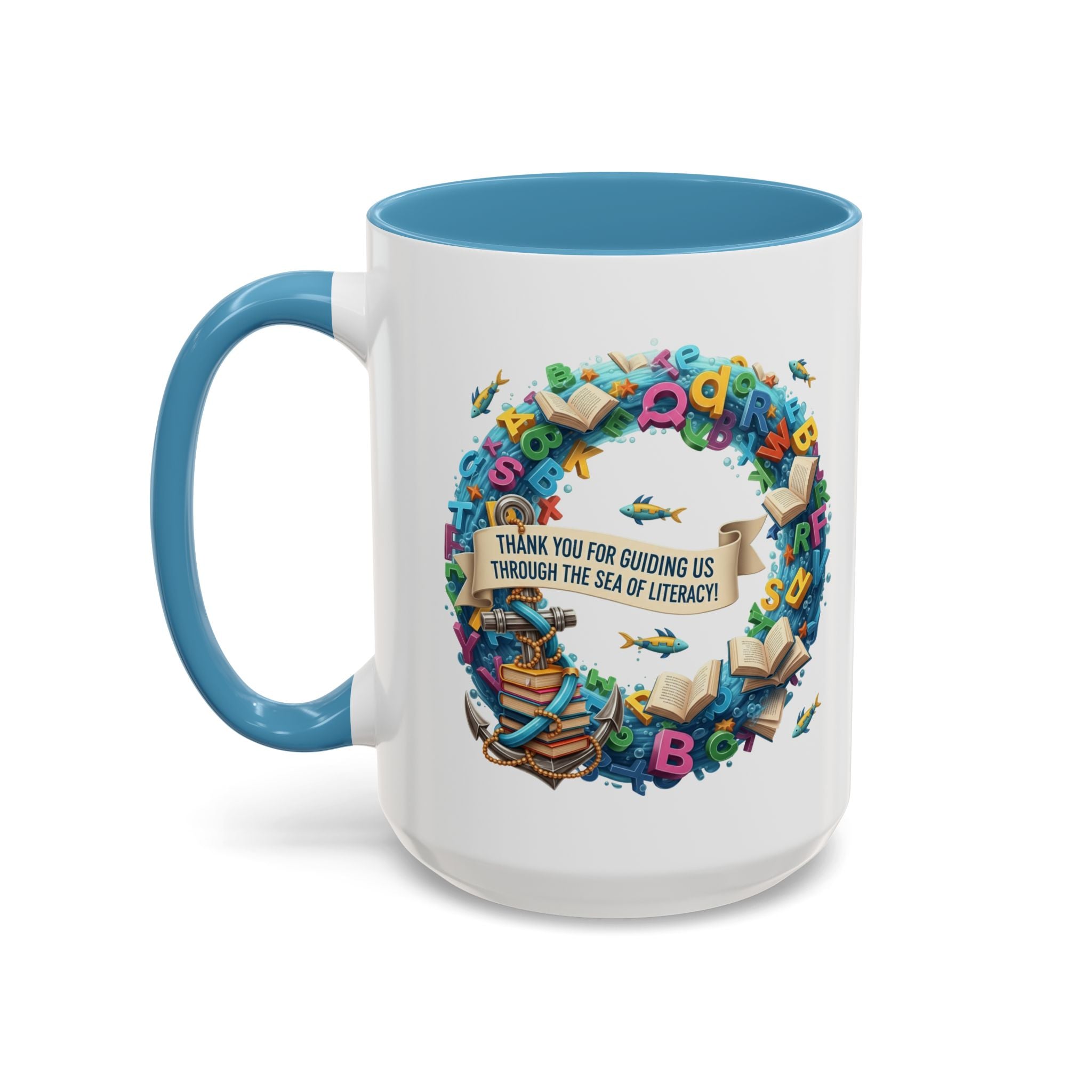 Sea of Literacy Colorful Book Lover's Accent Coffee Mug | Perfect for Home, Office, or Gift | Reading, Study, Library Decor, Teacher Appreciation