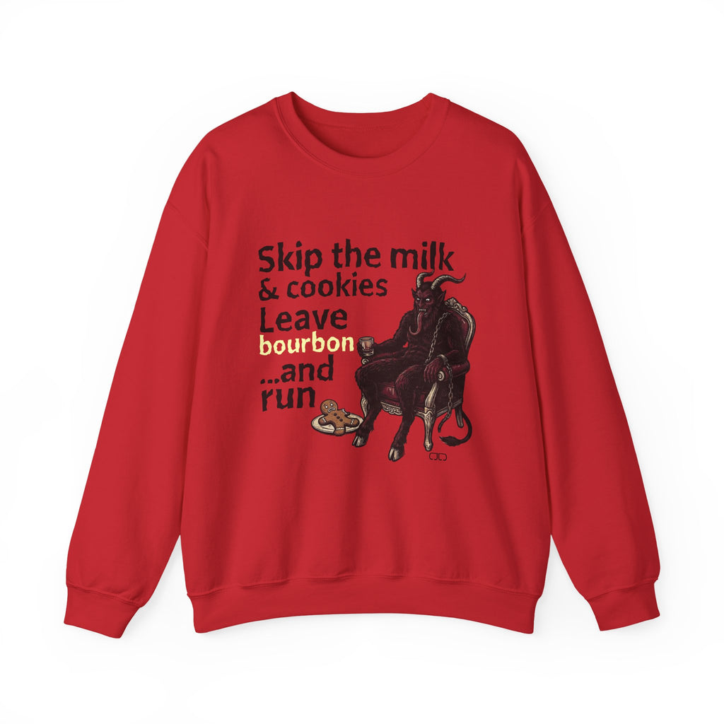 Holiday Krampus Sweatshirt — “Skip the milk and cookies, leave bourbon and run.” Cozy Christmas Crewneck