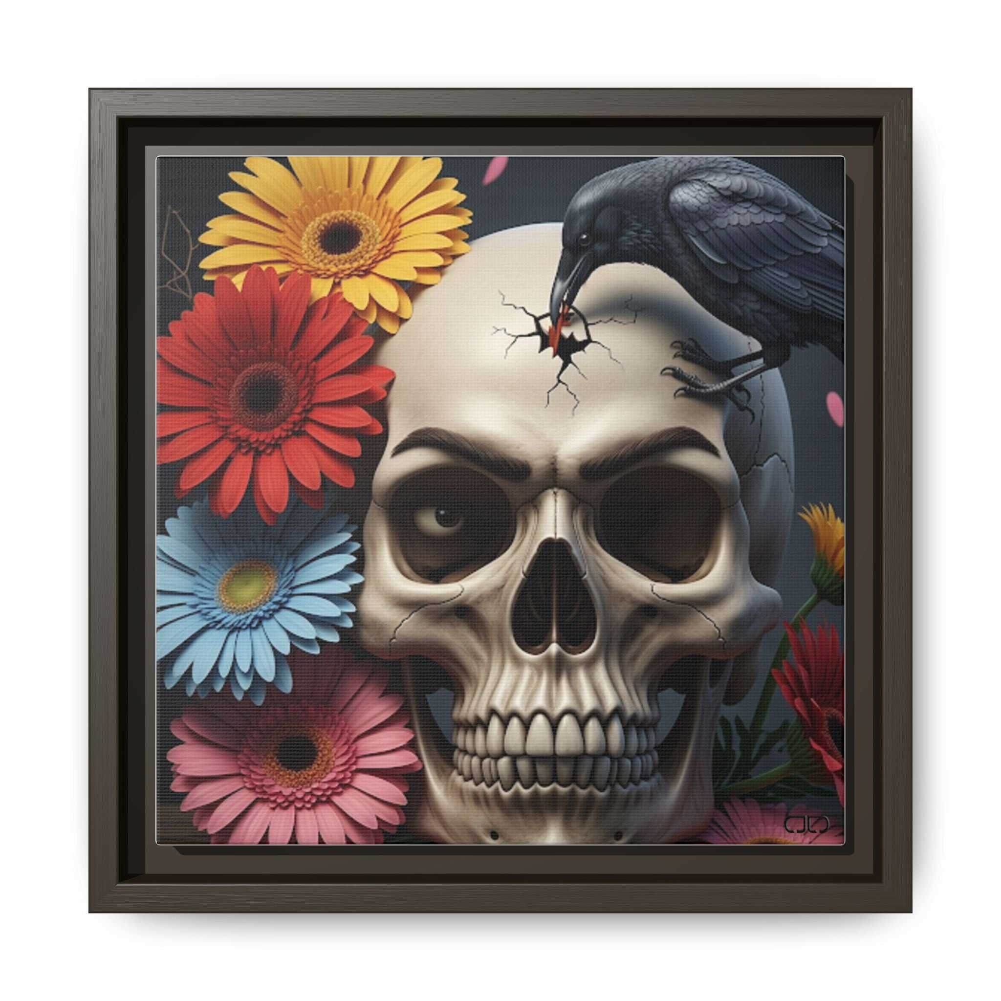 Headache - Framed Skull & Flower Canvas Art Print, Gothic Home Decor, Unique Wall Art, Boho Aesthetic, Perfect for Halloween, Birthday Gifts