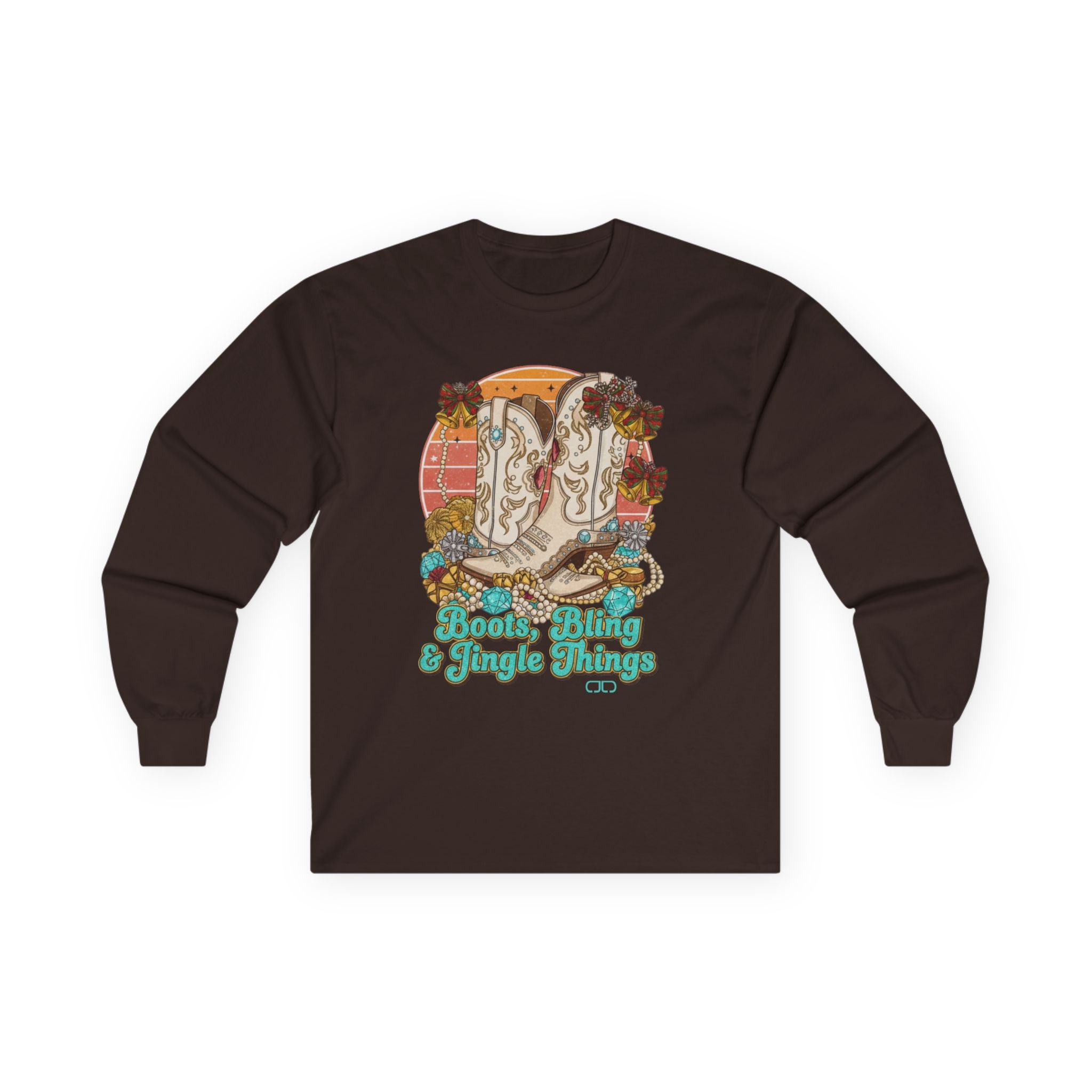 Boots, Bling & Jingle Things Long Sleeve Tee — Retro Western Christmas Shirt